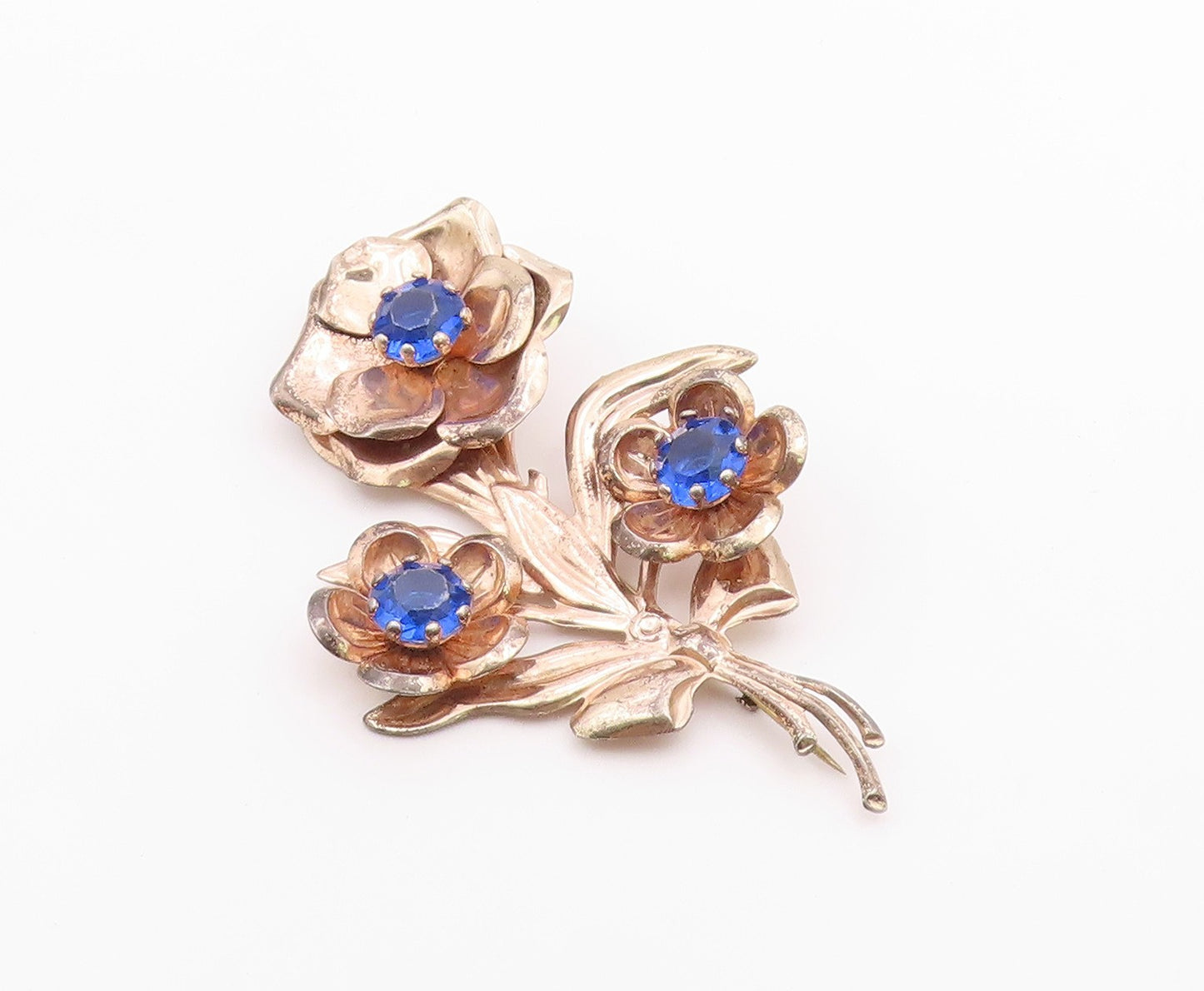 925 Sterling Silver  Vintage Blue Topaz Flower Bunch Motif Brooch Pin  BP5451