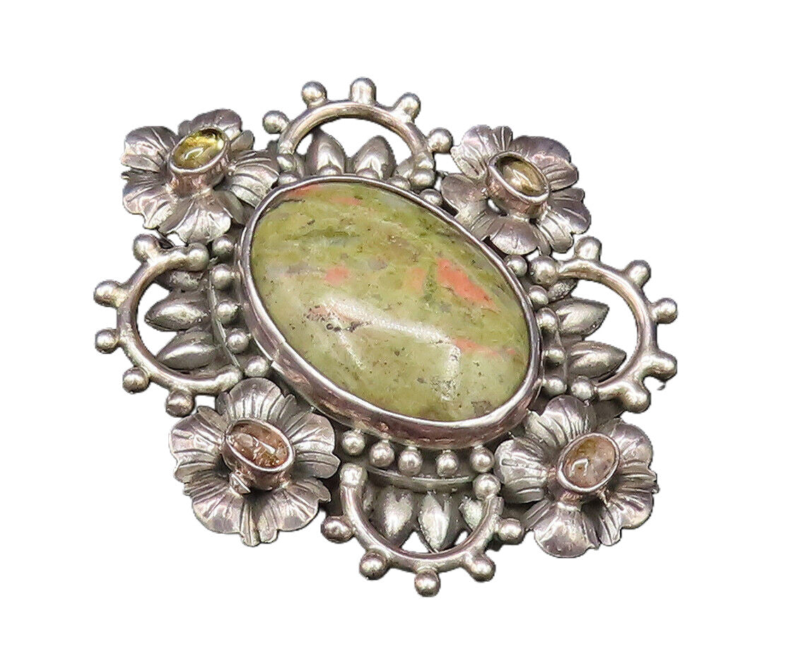 925 Silver  Vintage Cabochon Unakite & Peridot Floral Cluster Pendant  PT21917
