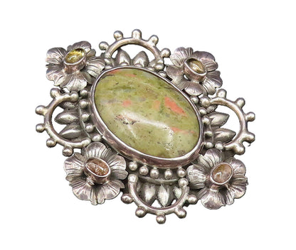 925 Silver  Vintage Cabochon Unakite & Peridot Floral Cluster Pendant  PT21917