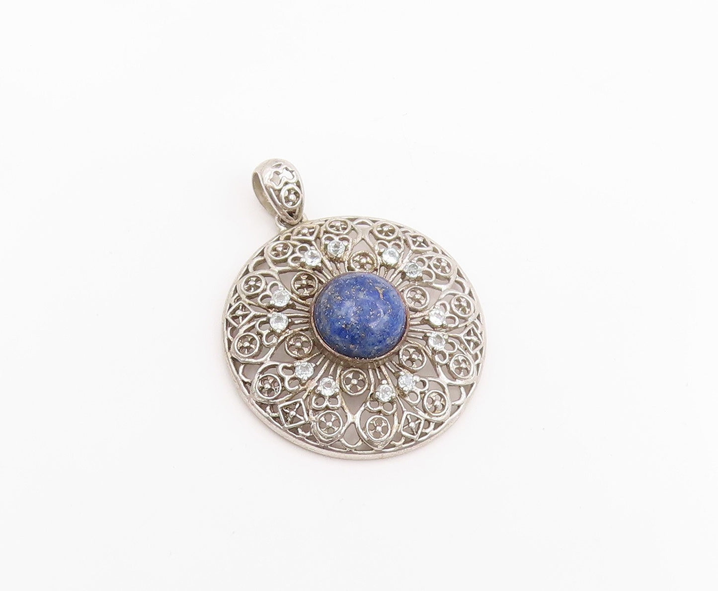 925 Sterling Silver Vintage Pendant Lapis Lazuli Intricate Openwork  PT26110