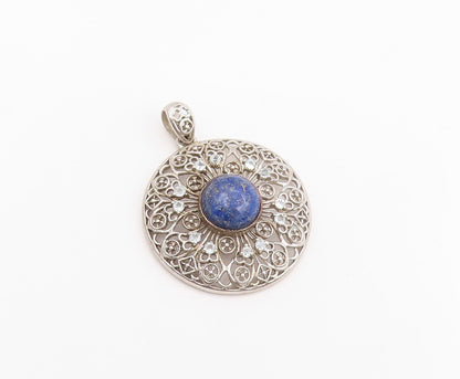925 Sterling Silver Vintage Pendant Lapis Lazuli Intricate Openwork  PT26110