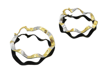 925 Sterling Silver  Shiny Two Tone Greek Key Pattern Hoop Earrings  EG4329