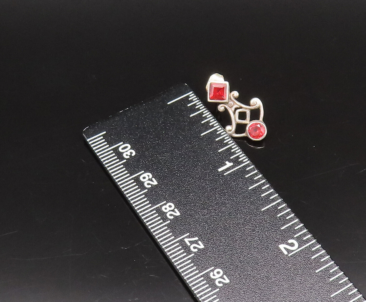 925 Sterling Silver  Vintage Round & Diamond Shaped Red Topaz Earrings EG12280