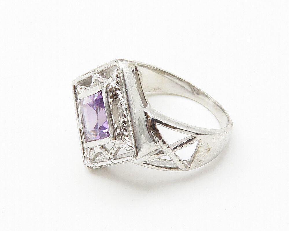 925 Sterling Silver  Amethyst Open Square Shiny Cocktail Ring Sz 7  RG10354