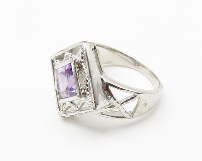 925 Sterling Silver  Amethyst Open Square Shiny Cocktail Ring Sz 7  RG10354