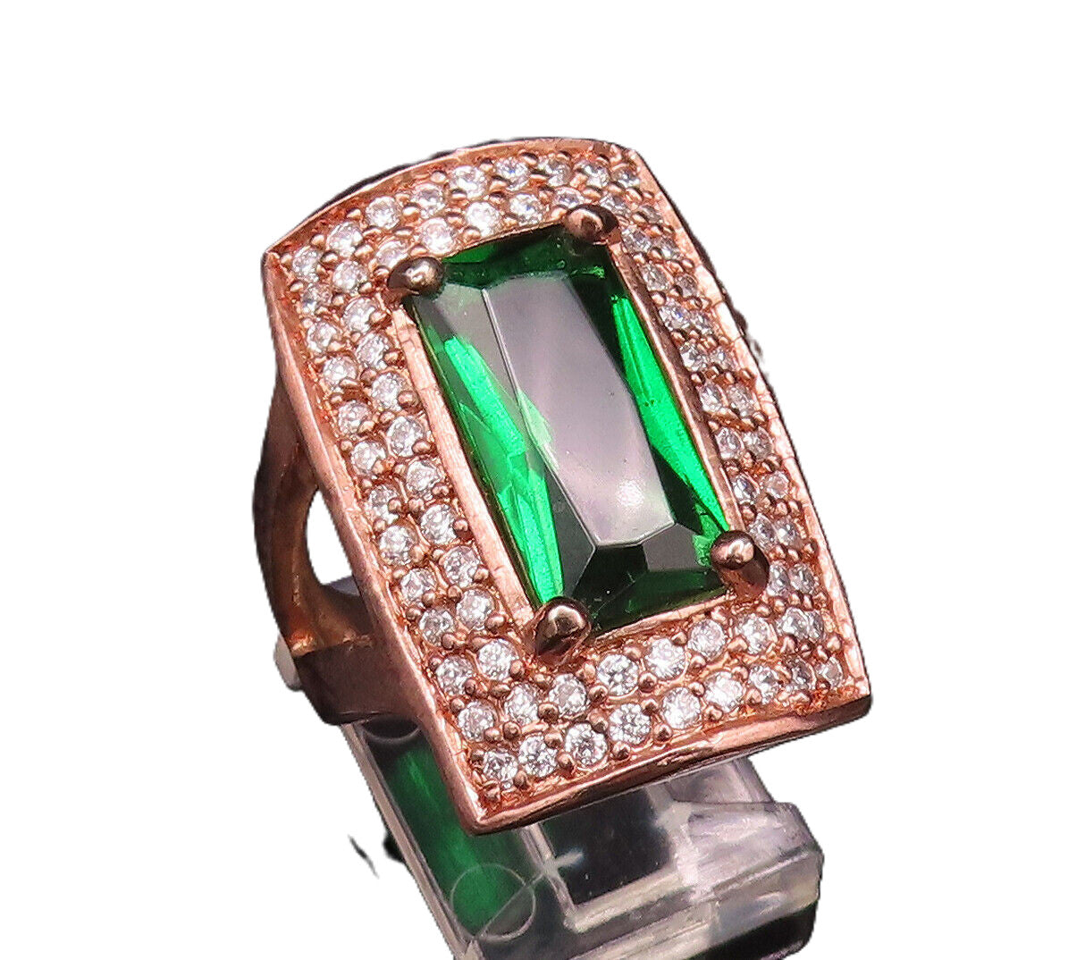 925 Silver  Vintage Rose Plated Emerald & Topaz Statement Ring Sz 8  RG25849