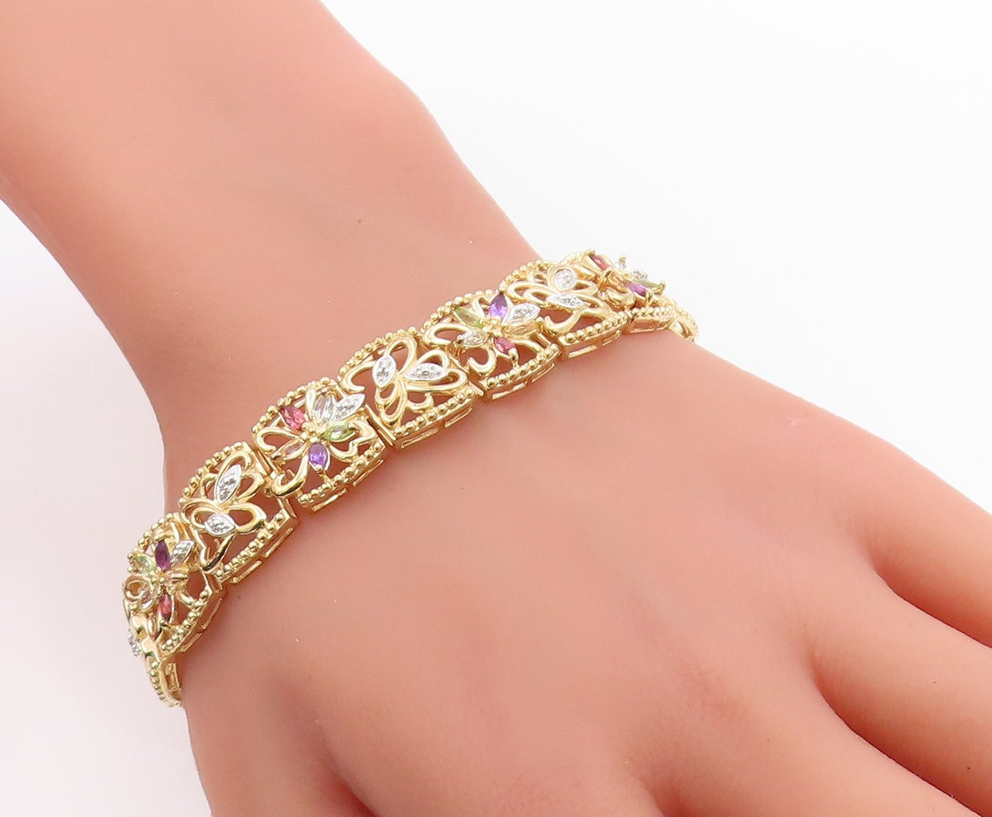 925 Sterling Silver Vintage Bracelet Gold Plated Gemstone Floral Link  BT12076