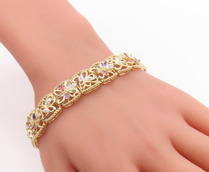 925 Sterling Silver Vintage Bracelet Gold Plated Gemstone Floral Link  BT12076