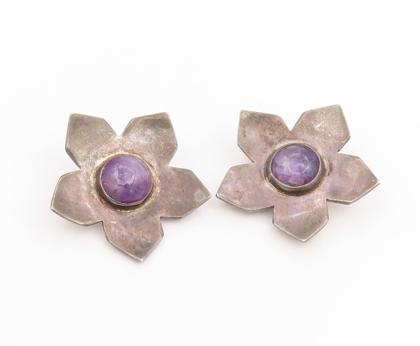 925 Sterling Silver Vintage Earrings MEXICO Cabochon Amethyst Flower  EG14093