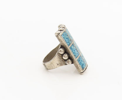 NAVAJO ZUNI 925 Sterling Silver Vintage Crushed Turquoise Ring Sz 7.75  RG26848
