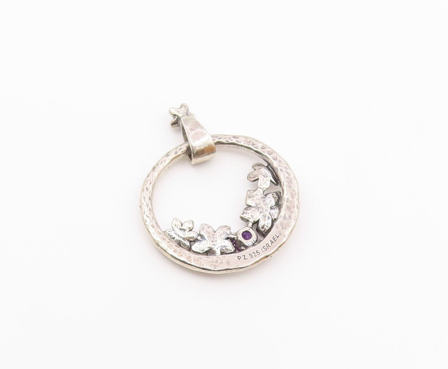 OR PAZ ISRAEL 925 Silver  Vintage Hammered Floral Amethyst Pendant  PT21477
