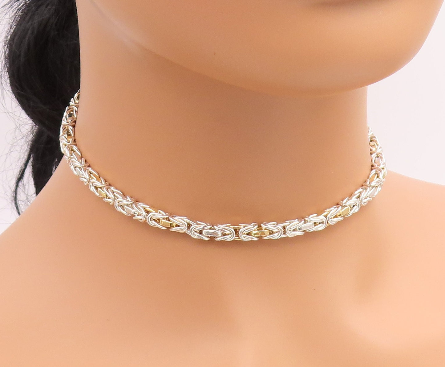 925 Sterling Silver Vintage Necklace Modernist Two Tone Byzantine Link  NE4884