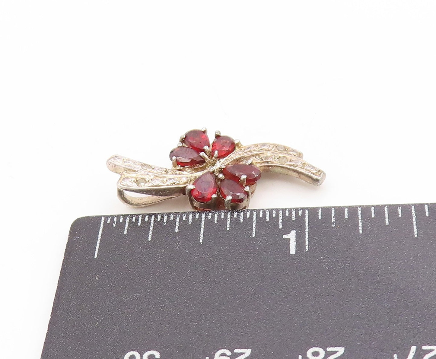 925 Sterling Silver Vintage Pendant Real Diamonds & Garnet Floral Charm  PT25041