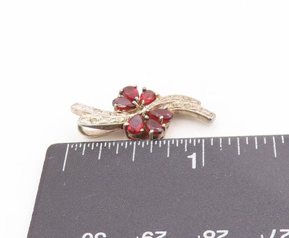 925 Sterling Silver Vintage Pendant Real Diamonds & Garnet Floral Charm  PT25041