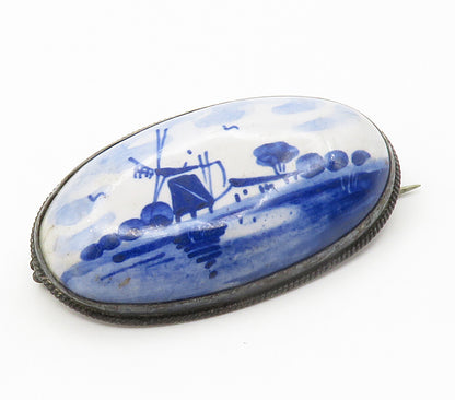 HOLLAND 925 Sterling Silver  Vintage Enamel Water Scene Brooch Pin  BP5847