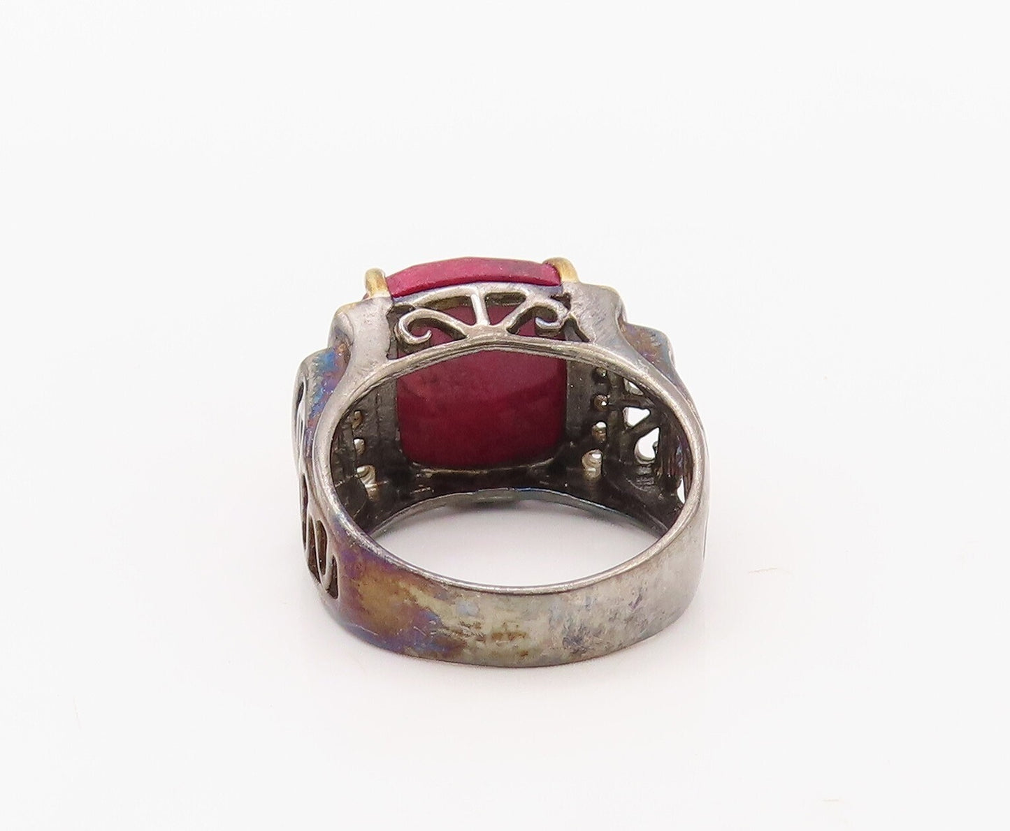 925 Sterling Silver Vintage Ring Diamonds & Gemstone Cutout Band  Sz 7  RG30792