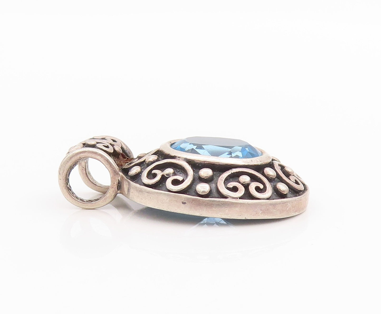 925 Sterling Silver Vintage Pendant Blue Oval Cut Topaz Swirly Carved  PT24413