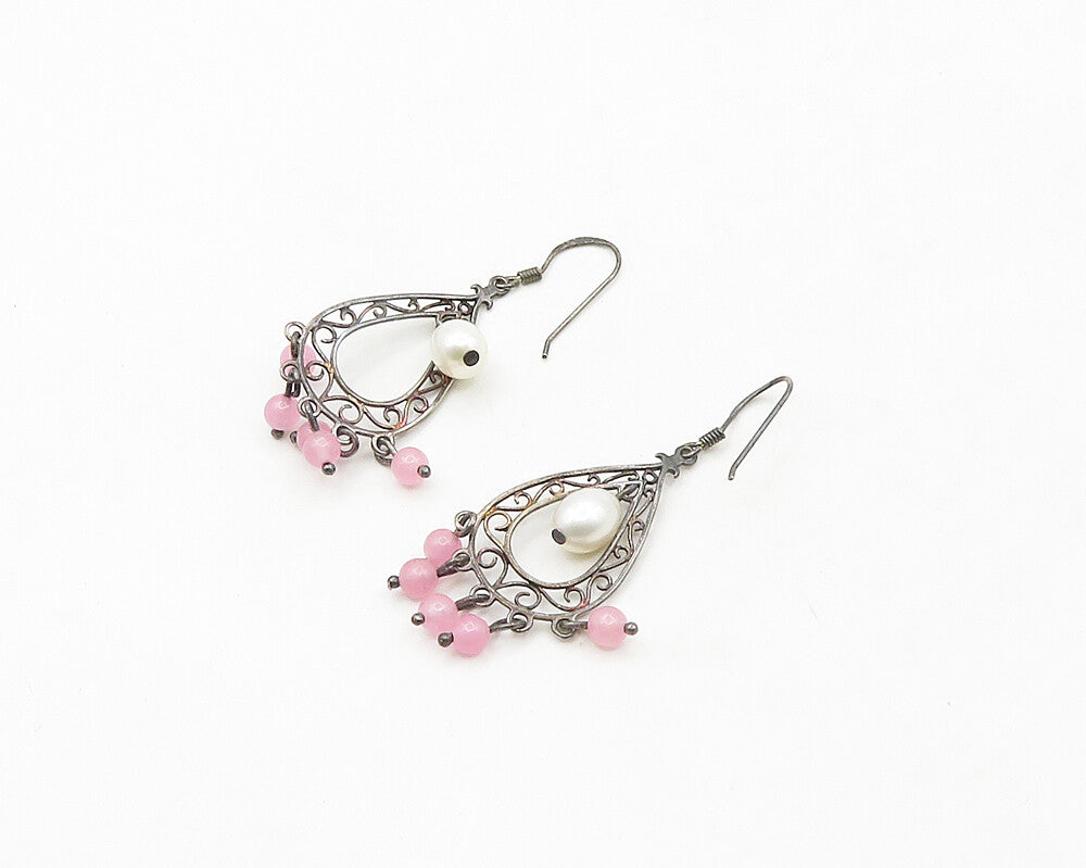 925 Sterling Silver  Vintage Pearl & Rose Quartz Swirl Dangle Earrings  EG9584