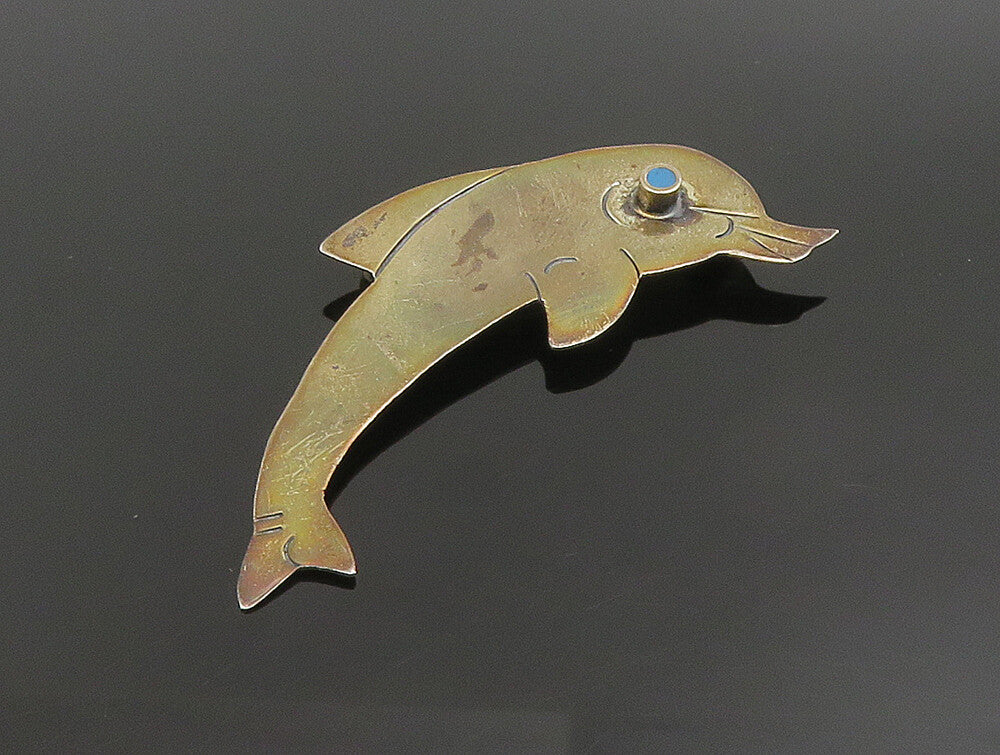 925 Silver  Vintage Carved Dolphin With Turquoise Eye Brooch Pin  BP9545