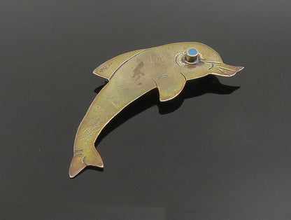 925 Silver  Vintage Carved Dolphin With Turquoise Eye Brooch Pin  BP9545