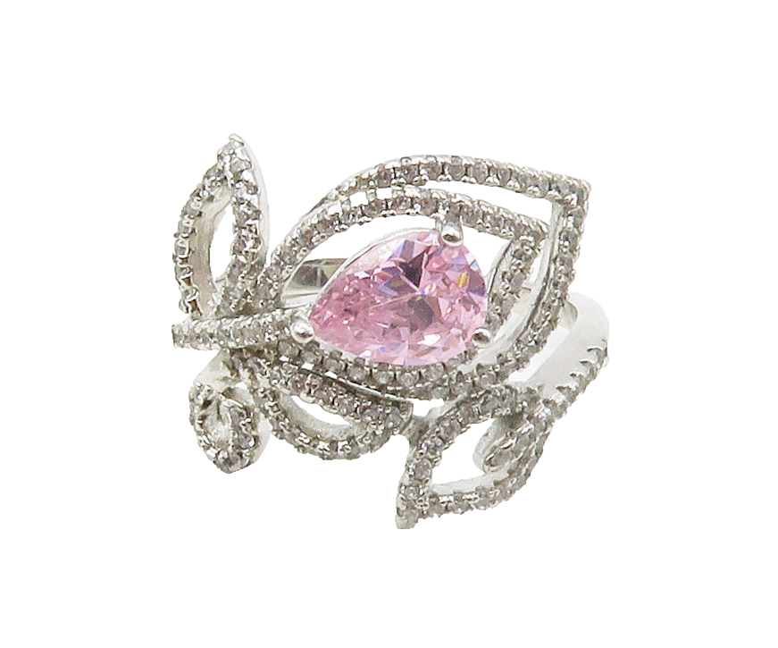 925  Silver  Pink & White Cubic Zirconia Floral Bypass Ring Sz 10  RG16739