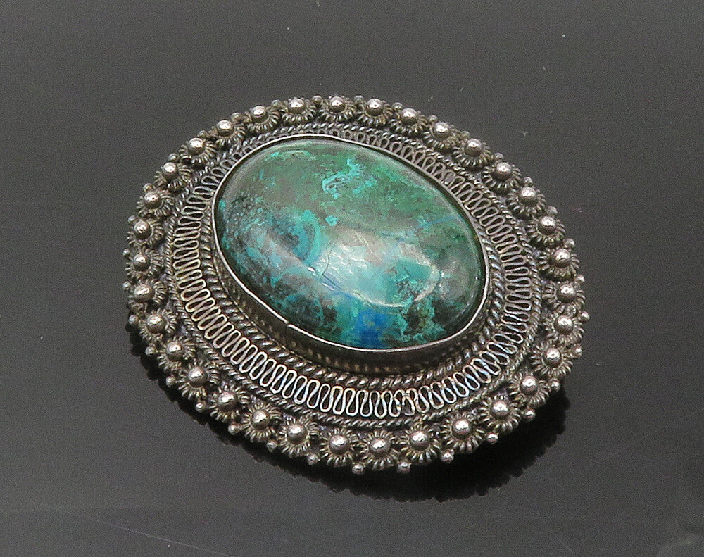 ISRAEL 925 Sterling Silver Vintage Eilat Stone Floral Trim Brooch Pin BP6065