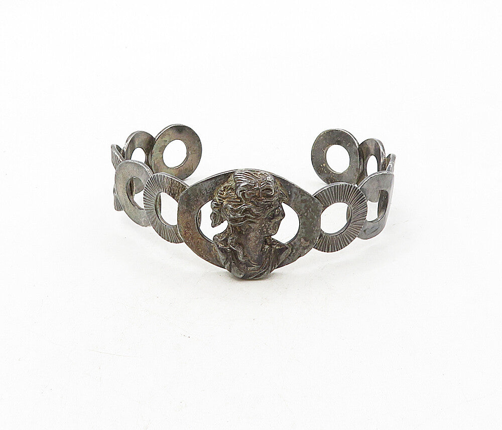 925 Sterling Silver  Vintage Antique Oxidized Woman Face Cuff Bracelet  BT4044