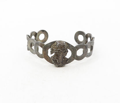 925 Sterling Silver  Vintage Antique Oxidized Woman Face Cuff Bracelet  BT4044