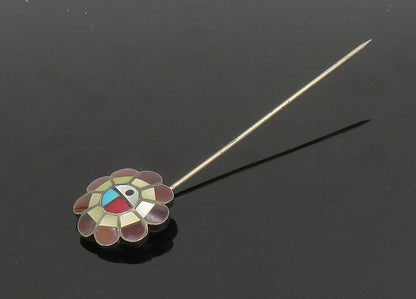 ZUNI NAVAJO 925 Silver Vintage Mother Of Pearl & Multi Stone Lapel Pin TR2735