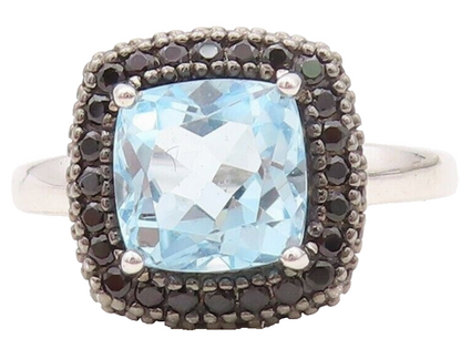925 Sterling Silver Vintage Ring Square Cut Blue Topaz Halo Spinel  Sz 7 RG30451