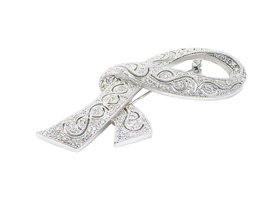 925 Sterling Silver  Vintage Shiny Cubic Zirconia Ribbon Brooch Pin  BP2964