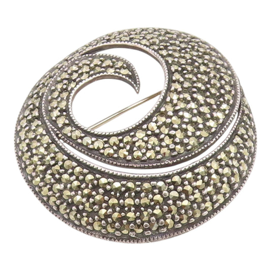 925 Sterling Silver Vintage Brooch Pin JUDITH JACK Marcasite Swirl  BP12525