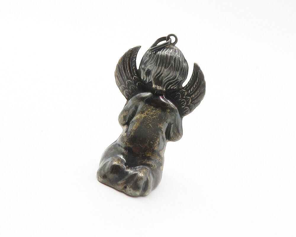 925 Sterling Silver  Vintage Praying Baby Angel Oxidized Pendant  PT11088