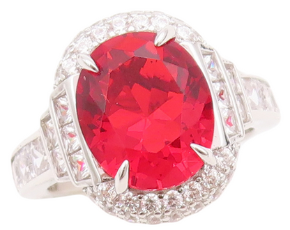 925 Sterling Silver Vintage Ring Oval Cut Red Halo White Topaz  Sz 7  RG30730