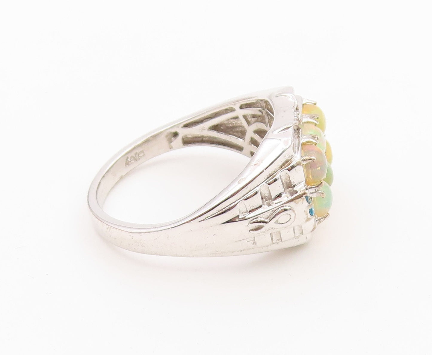 925 Sterling Silver Vintage Ring Fire Opal & Topaz Geometric Band Sz 12 RG36642