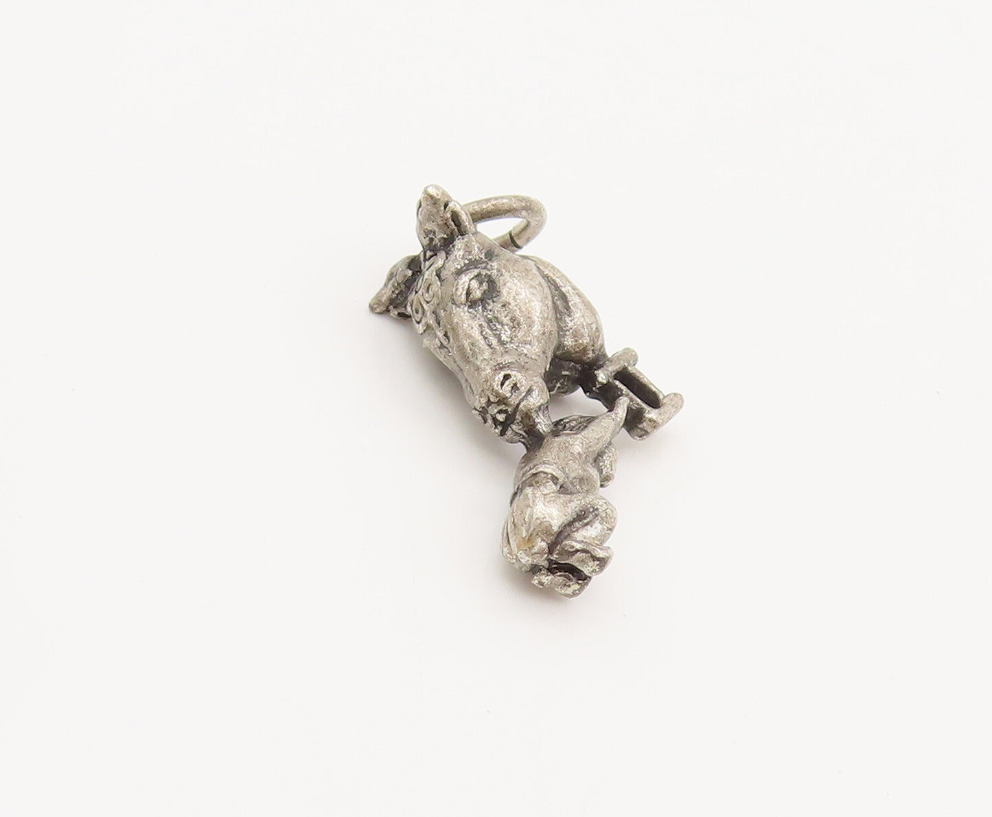925 Sterling Silver  Vintage Mini 3D Carved Cow Saving A Boy Pendant  PT22238
