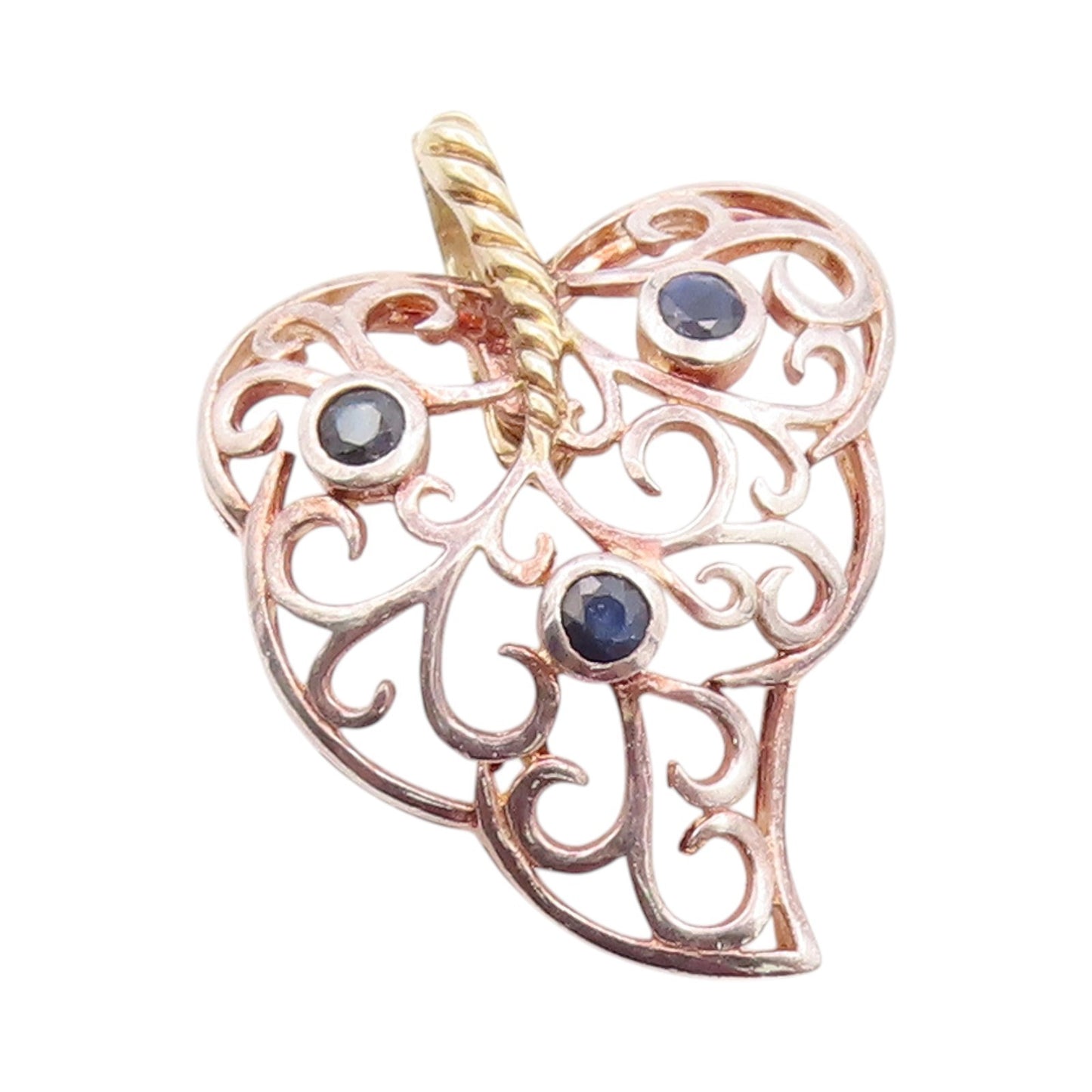925 Sterling Silver Vintage Pendant Sapphire Swirly Heart Shape Leaf  PT24155