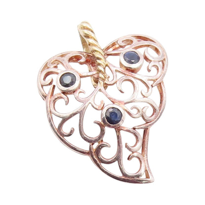 925 Sterling Silver Vintage Pendant Sapphire Swirly Heart Shape Leaf  PT24155