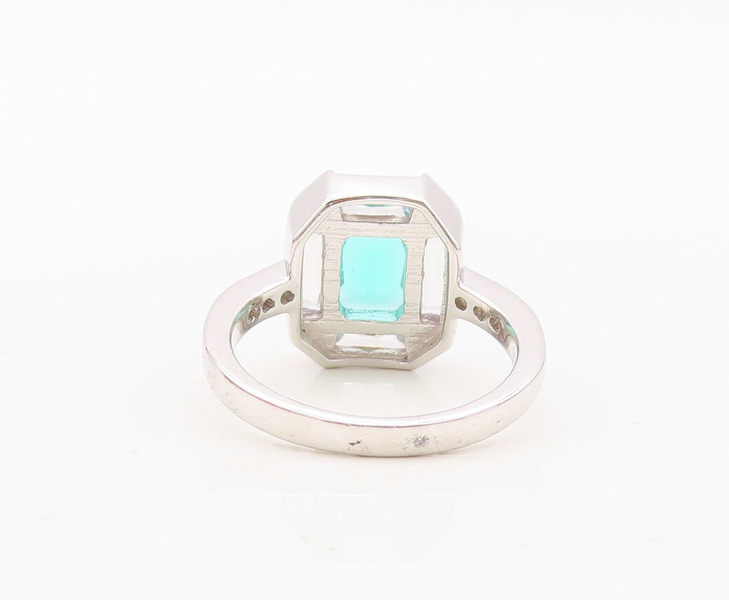 925 Sterling Silver Vintage Ring Rectangle Sea Green & White CZ  Sz 7 RG30448
