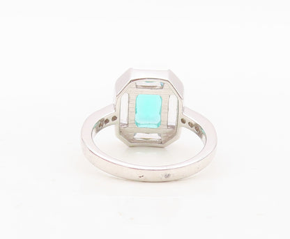 925 Sterling Silver Vintage Ring Rectangle Sea Green & White CZ  Sz 7 RG30448