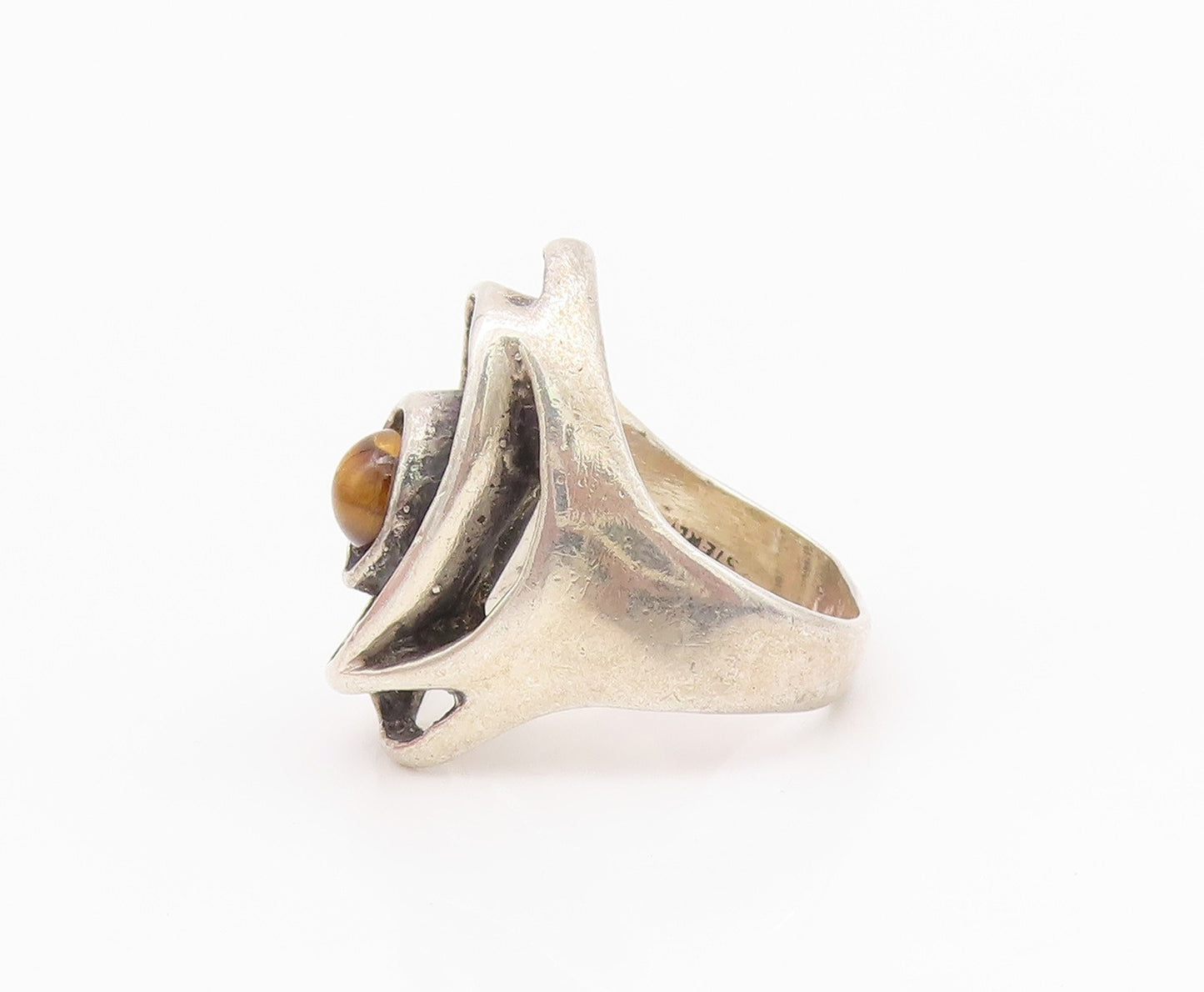925 Sterling Silver Vintage Ring Dark Tone Brutalist Tiger's Eye  Sz 7  RG33033