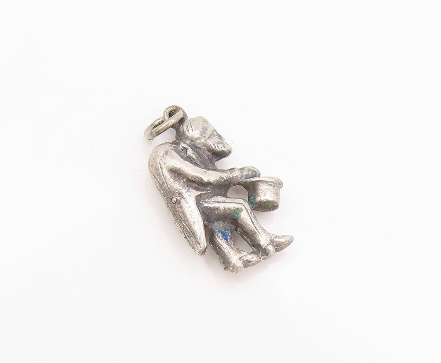 925 Sterling Silver Vintage Pendant Dark Tone Old Man With Hat In Hand  PT23931