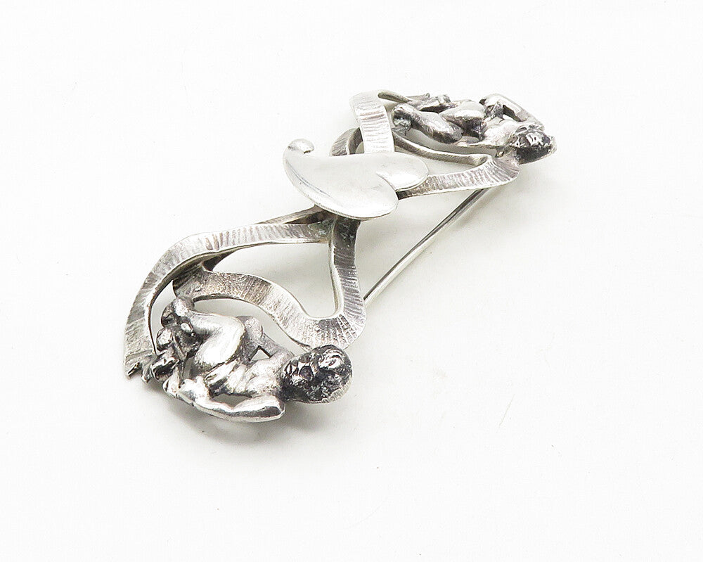 925 Sterling Silver  Vintage Handmade Love Heart Ribbon Brooch Pin  BP3712