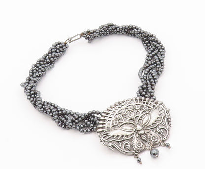 925 Sterling Silver Vintage Necklace Dark Tone Butterfly Hematite Bands  NE4483