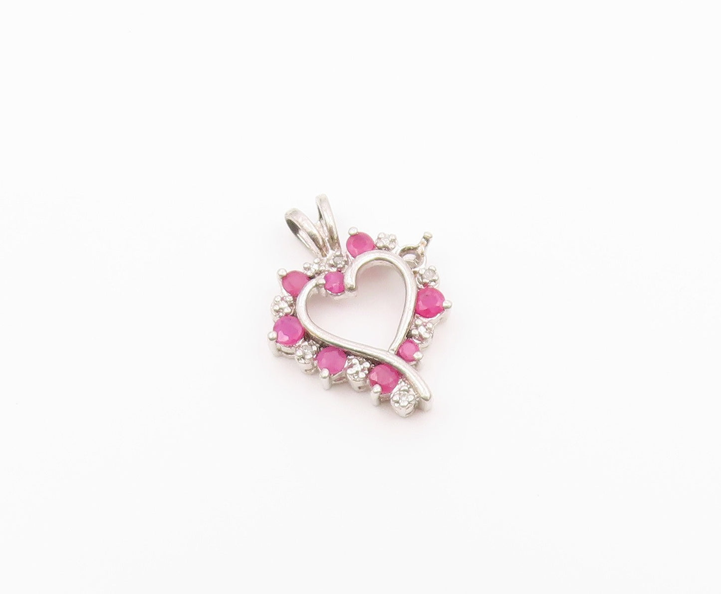 925 Sterling Silver Vintage Genuine Diamonds & Ruby Love Heart Pendant PT20093