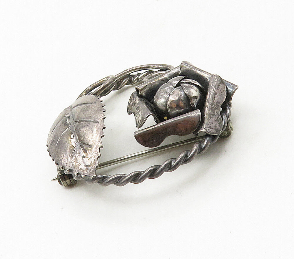 925 Sterling Silver  Vintage Dark Tone Flower Twist Border Brooch Pin  BP6544