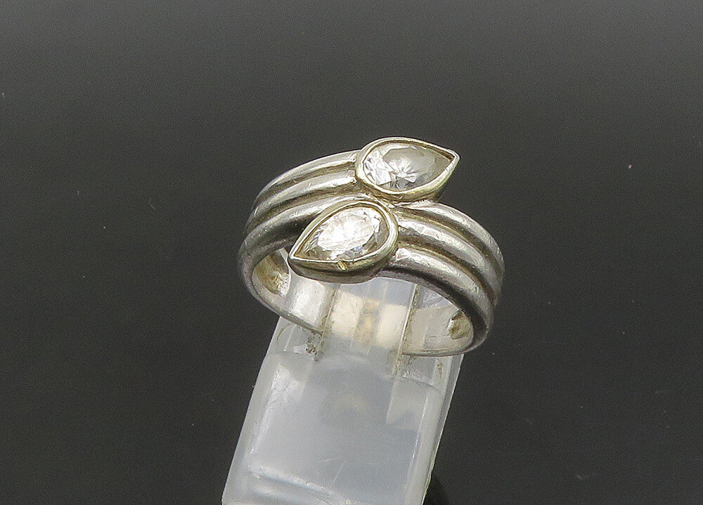 925 Silver  Vintage Tear Drop Cubic Zirconia Bypass Band Ring Sz 7.5  RG22196