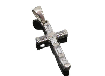 925 Sterling Silver  Shiny Cubic Zirconia Religious Cross Drop Pendant  PT9563