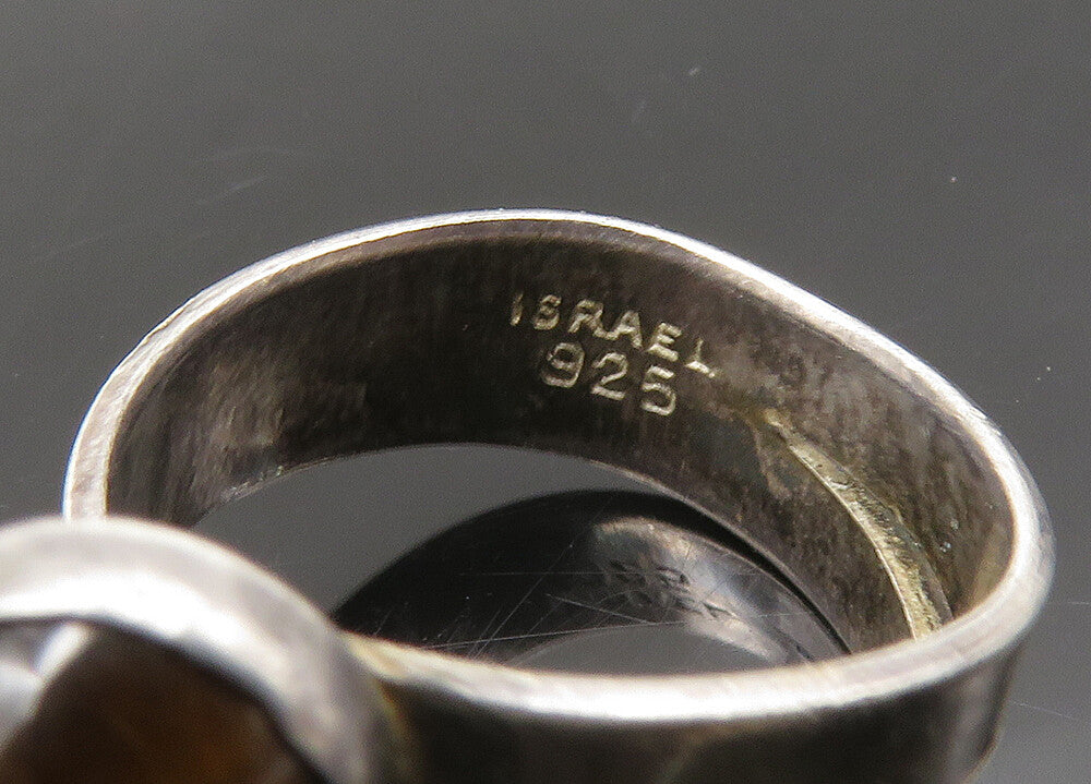 ISRAEL 925 Silver  Vintage Cabochon Cut Tiger's Eye Band Ring Sz 5  RG21739