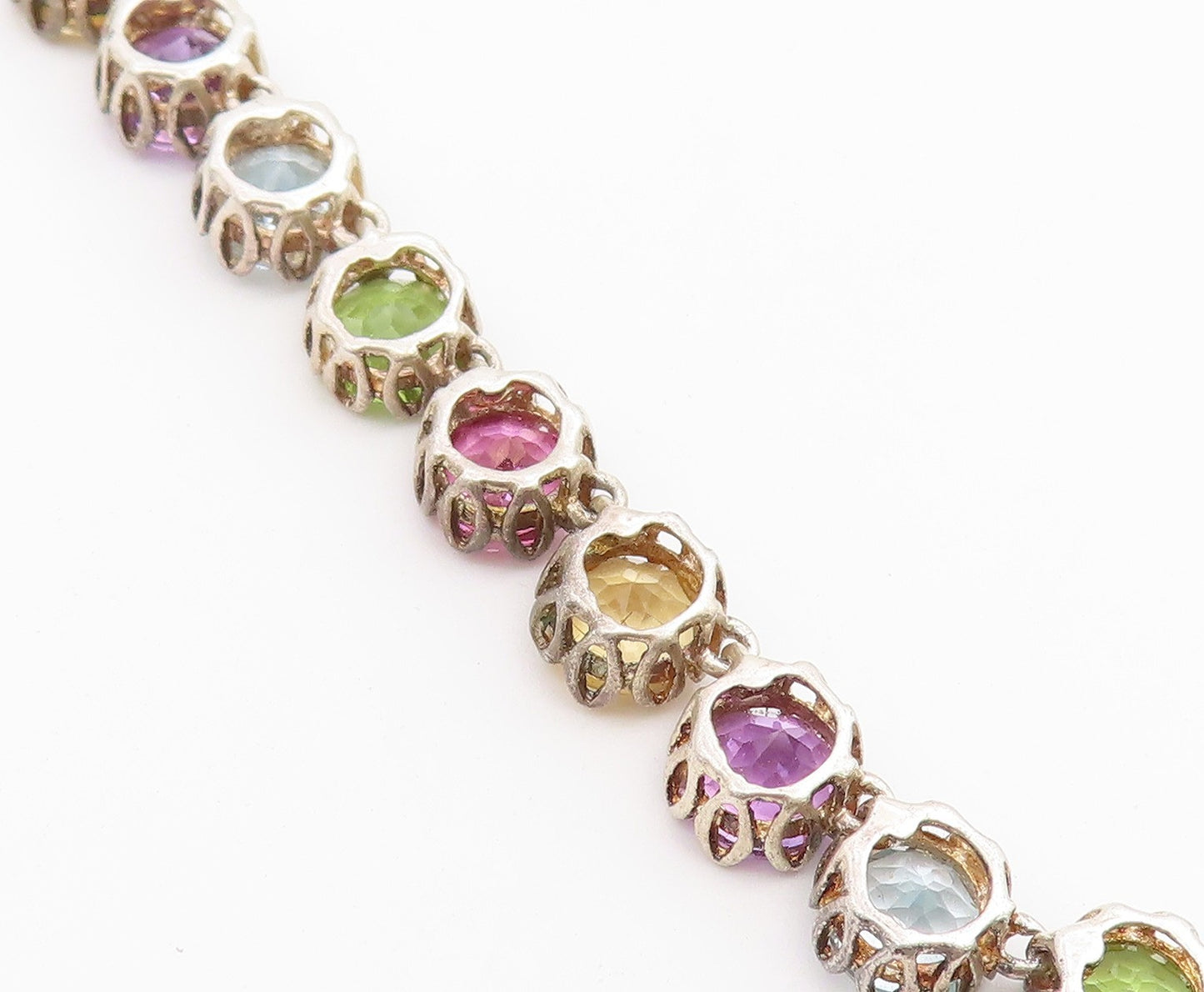 925 Sterling Silver Vintage Necklace Multi Gemstone Tennis Link Chain  NE4906